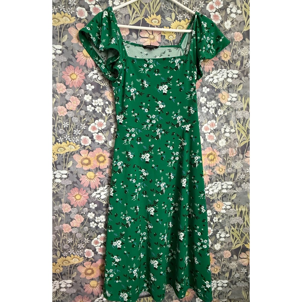 Banana Republic Green Floral Square Neck Flutter Sleeve Midi Dress Size M - Picture 3 of 9